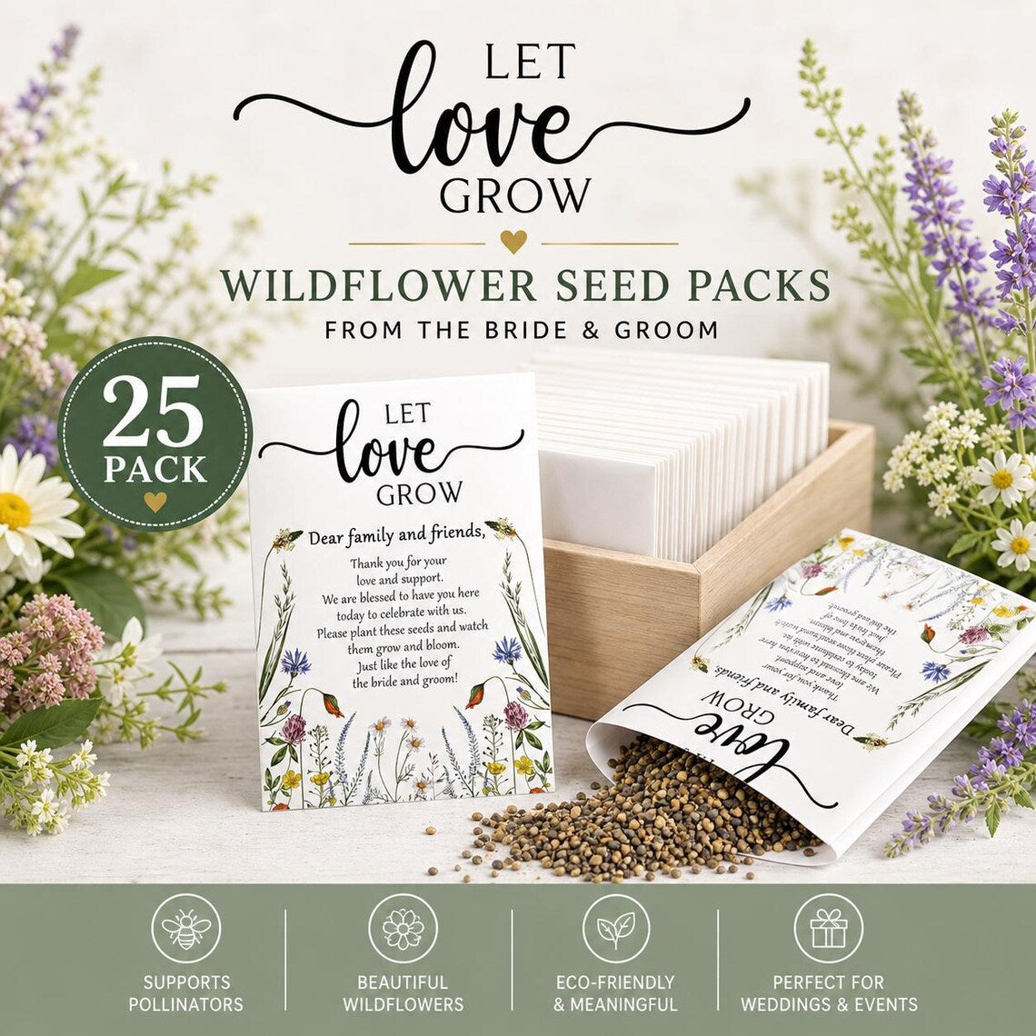 Let Love Grow Wildflower Seed Packet Favors, 25 Pack