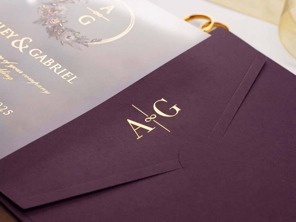 Purple Acrylic Wedding Invitation with Gold Foil