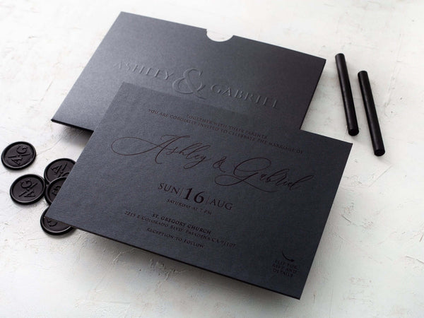 Luxury Black Embossed Wedding Invitation with Black Foil Detail