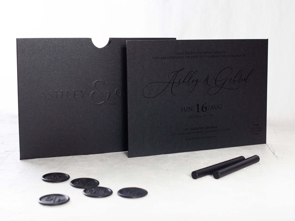 Luxury Black Embossed Wedding Invitation with Black Foil Detail