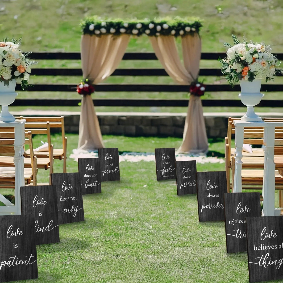 Black Wood Corinthians Wedding Aisle Signs