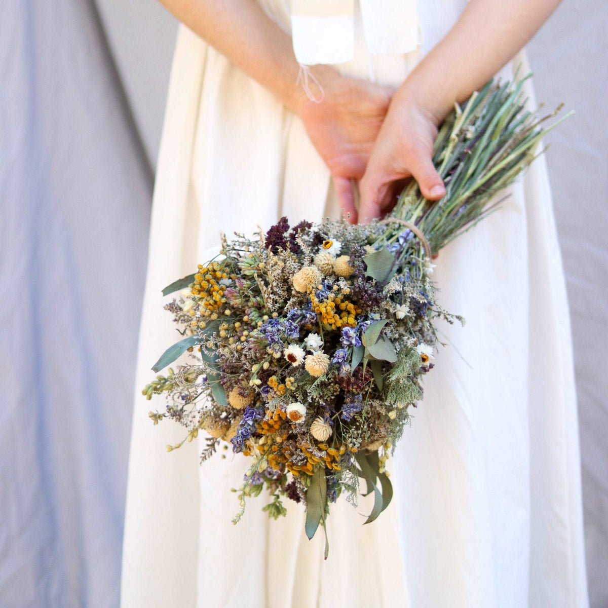 Dried Blue Larkspur and Eucalyptus Bouquet