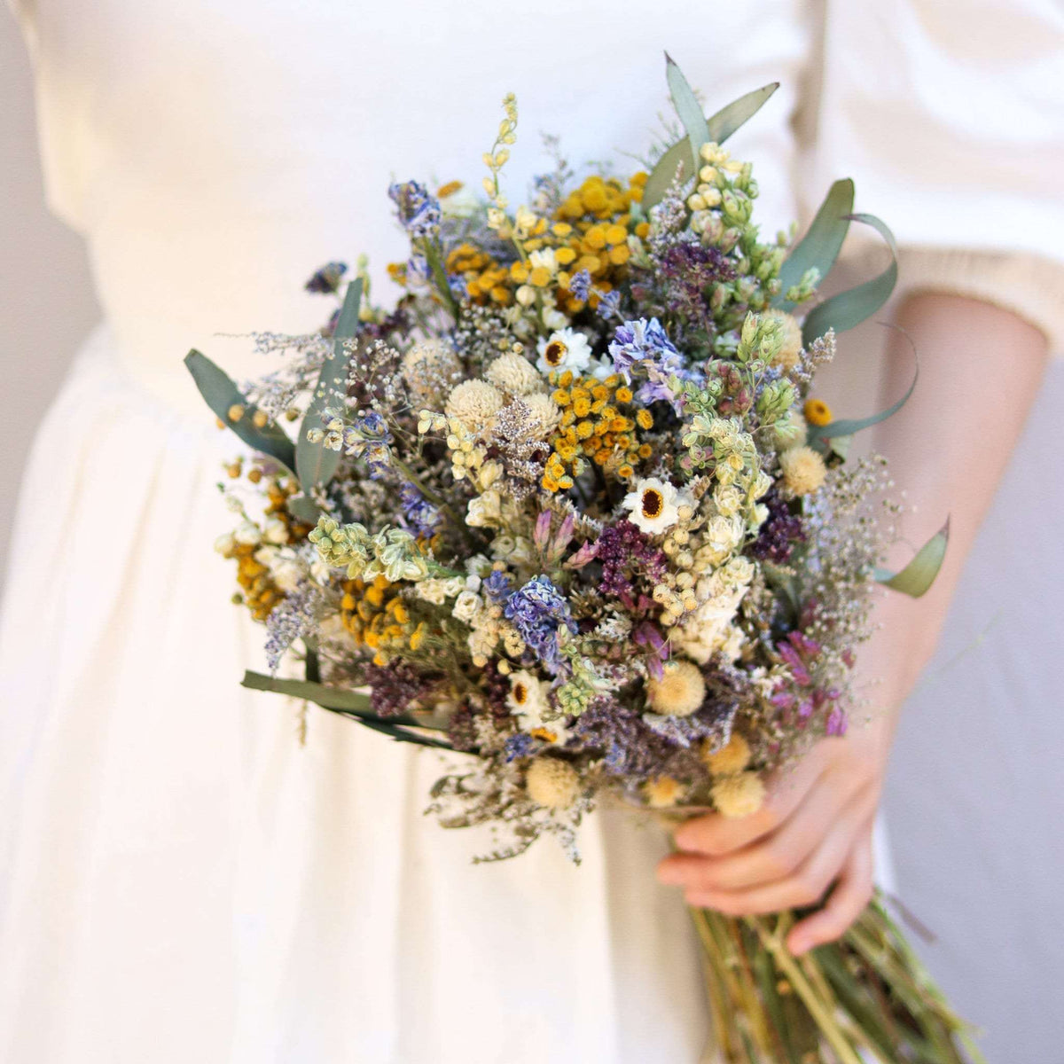 Dried Blue Larkspur and Eucalyptus Bouquet