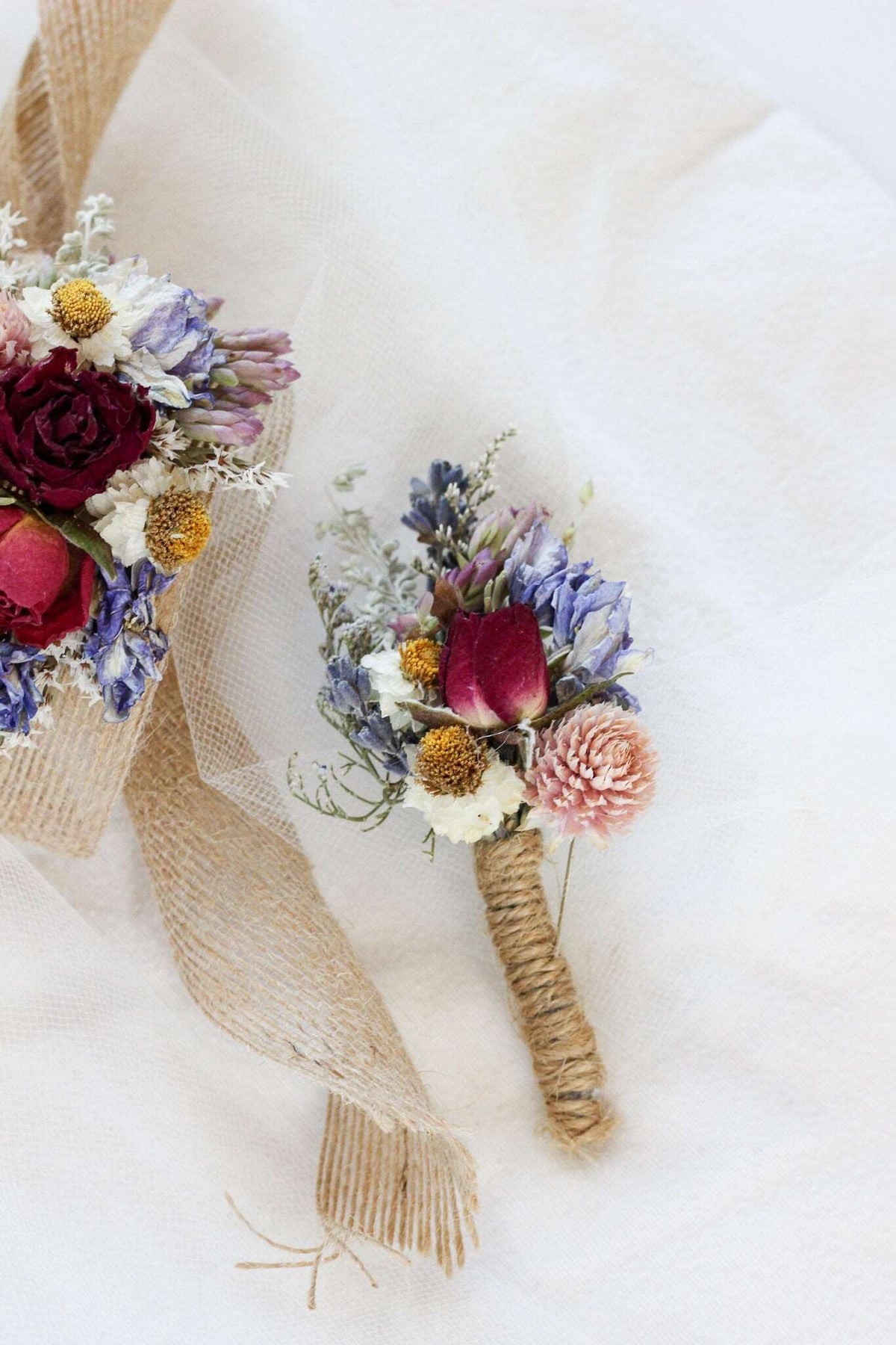 Dried Red Rose and Lavender Boutonniere
