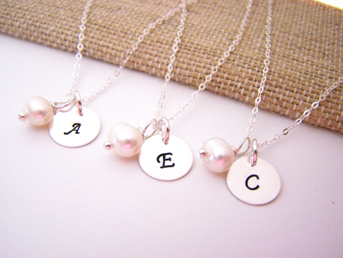 Bridesmaid Pearl Necklace with Initial Charm